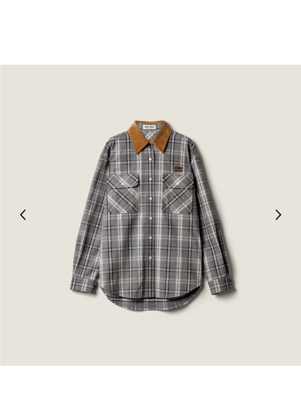Miu Miu Gray Plaid Button-Up Shirt with Tan Corduroy Collar